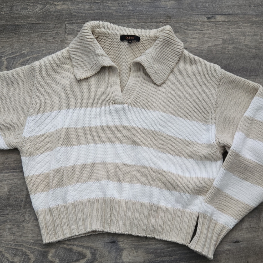 Quince 100% Organic Cotton Cream and White Striped V-Neck Sweater Size XS